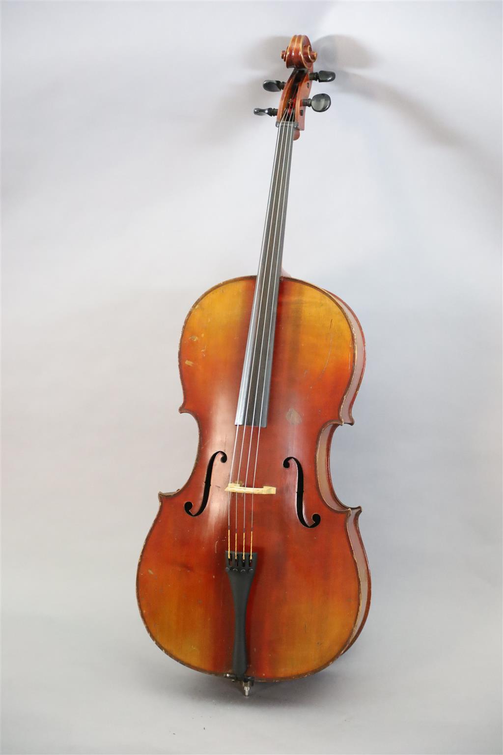 A late 19th/early 20th century German cello, labelled Schutz HD junior Marke, length of back 77cm